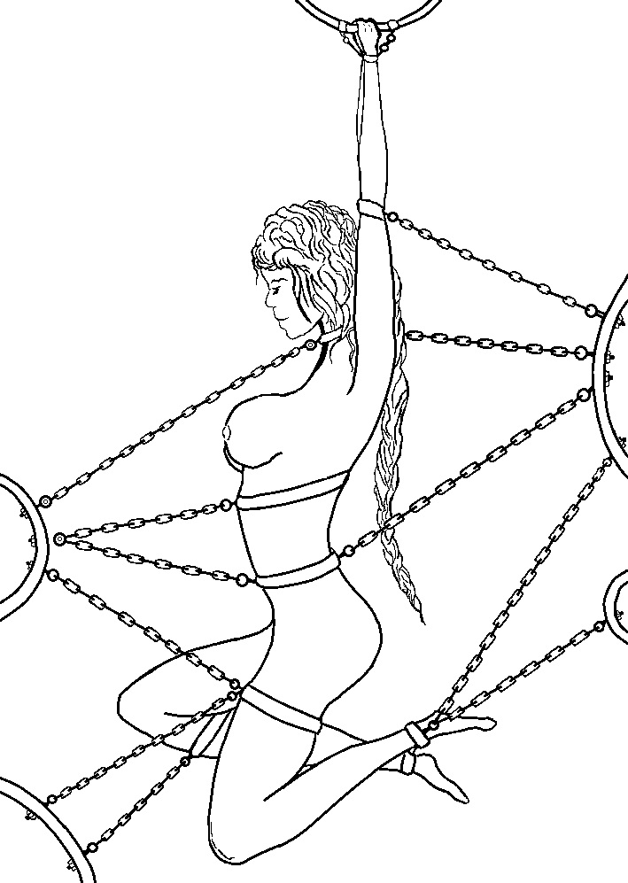 Ilustración "Kotetsu" del libro Shibari Exquisito de Óscar Ocaña Parrón, una mujer inmovilizada con cadenas y suspendida