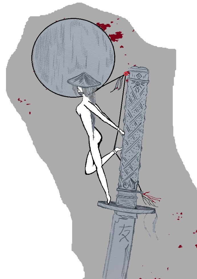 Ilustración de una dama japonesa atada a una empuñadura de katana, de Óscar Ocaña Parrón