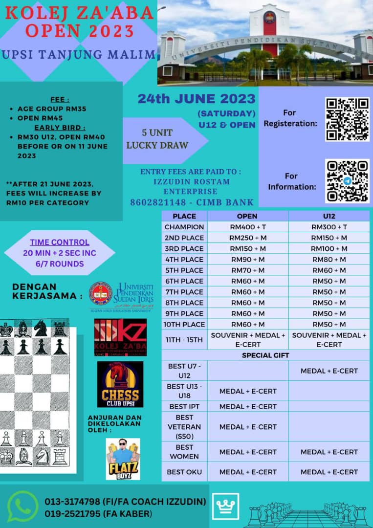 Kolej Za’aba Open 2023 at UPSI Tanjug Malim, Malaysia Chess Tournament. Catur Malaysia