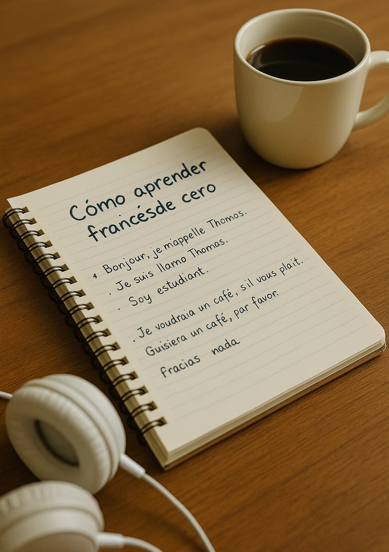 Estudiante aprendiendo francés desde casa con un cuaderno y audios en francés