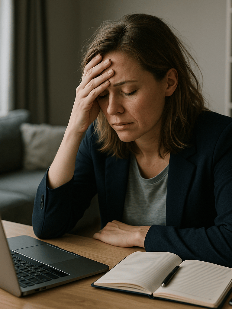 "Dansk kvinde i mental overbelastning – et stille øjeblik af udmattelse i hverdagen."