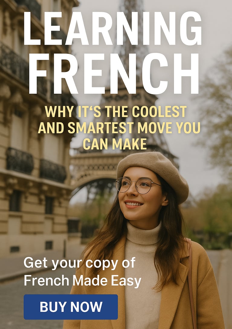"Smiling woman in Paris with Eiffel Tower in background promoting 'French Made Easy' – Learning Fren