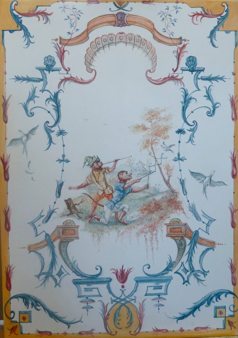 Peinture inspirée du style et genre pictural des Singeries du 18ème siècle.