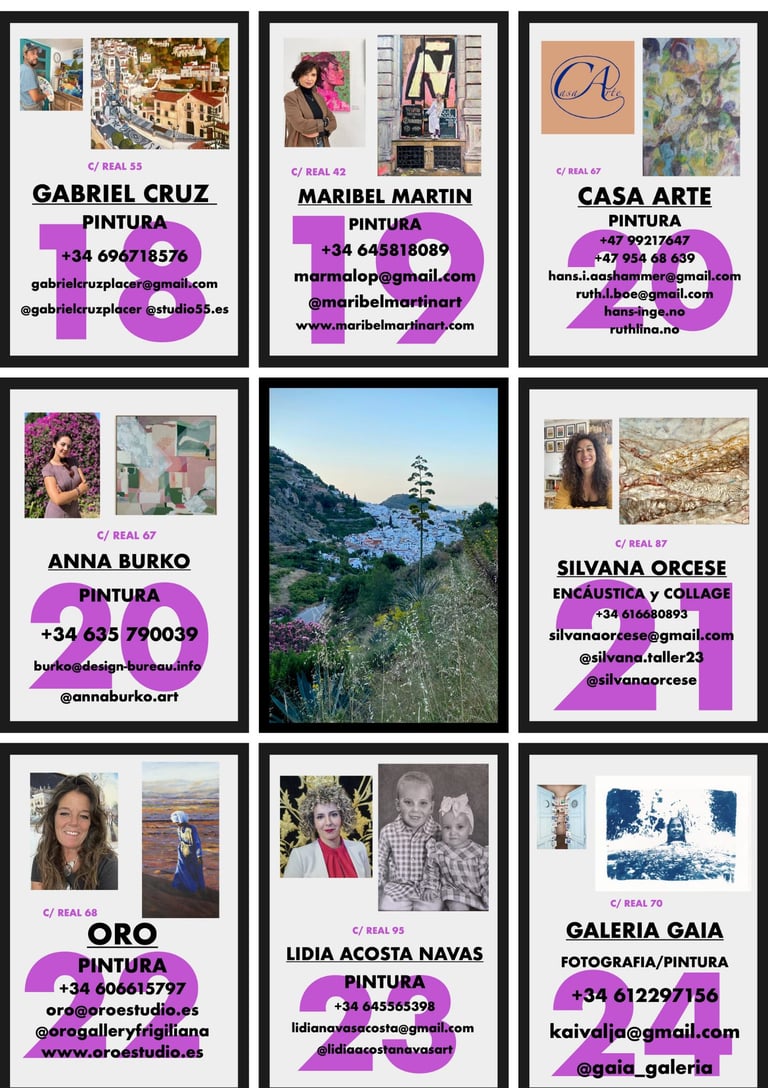 The image shows artists, the location where their work is shown and their contact details.