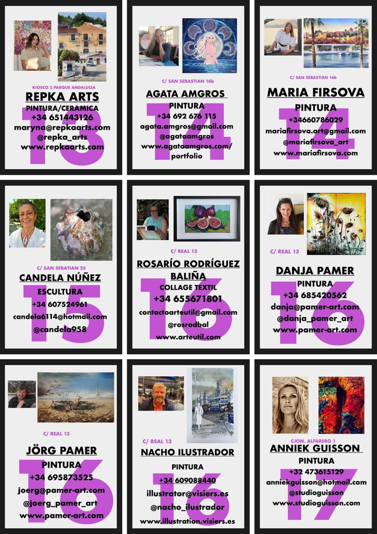 The image shows artists, the location where their work is shown and their contact details.