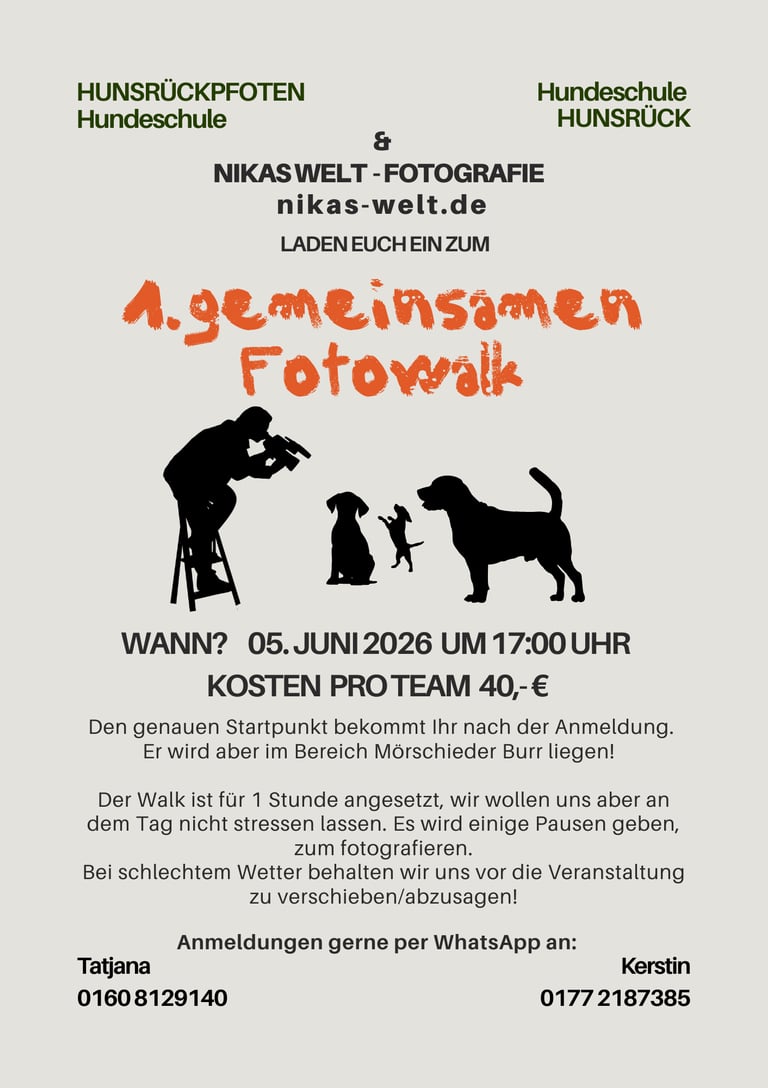 Poster for a dog photography walk event by Hunsrückpfoten Hundeschule and Nikas Welt Fotografie.