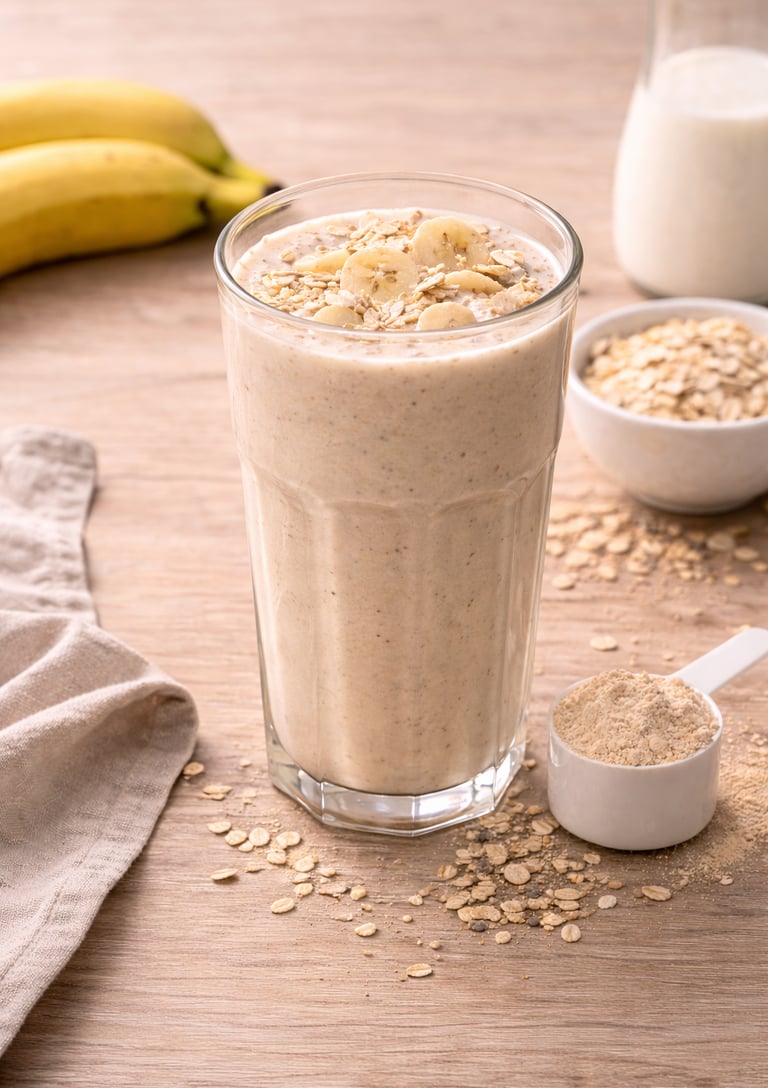 Batido de proteína con avena y plátano preparado con leche, desayuno saludable alto en proteína serv