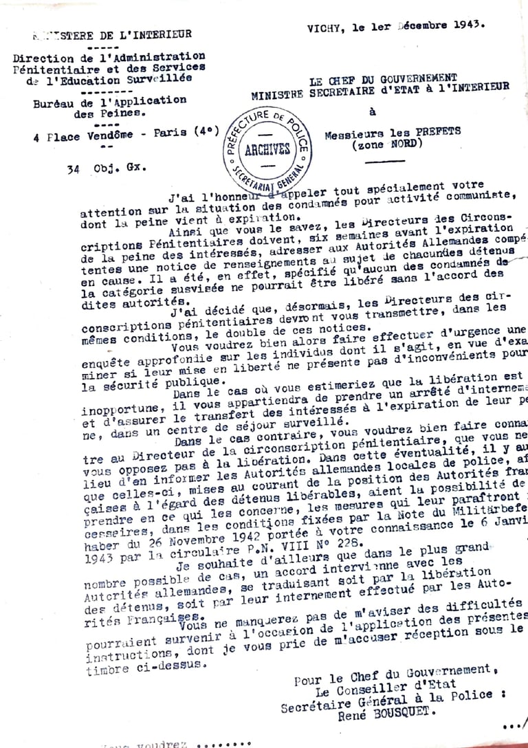 Circular del Ministerio del Interior francés (1 de diciembre de 1943)