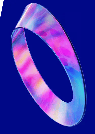A 3D iridescent Möbius strip with vibrant holographic colors floating against a solid dark blue background.