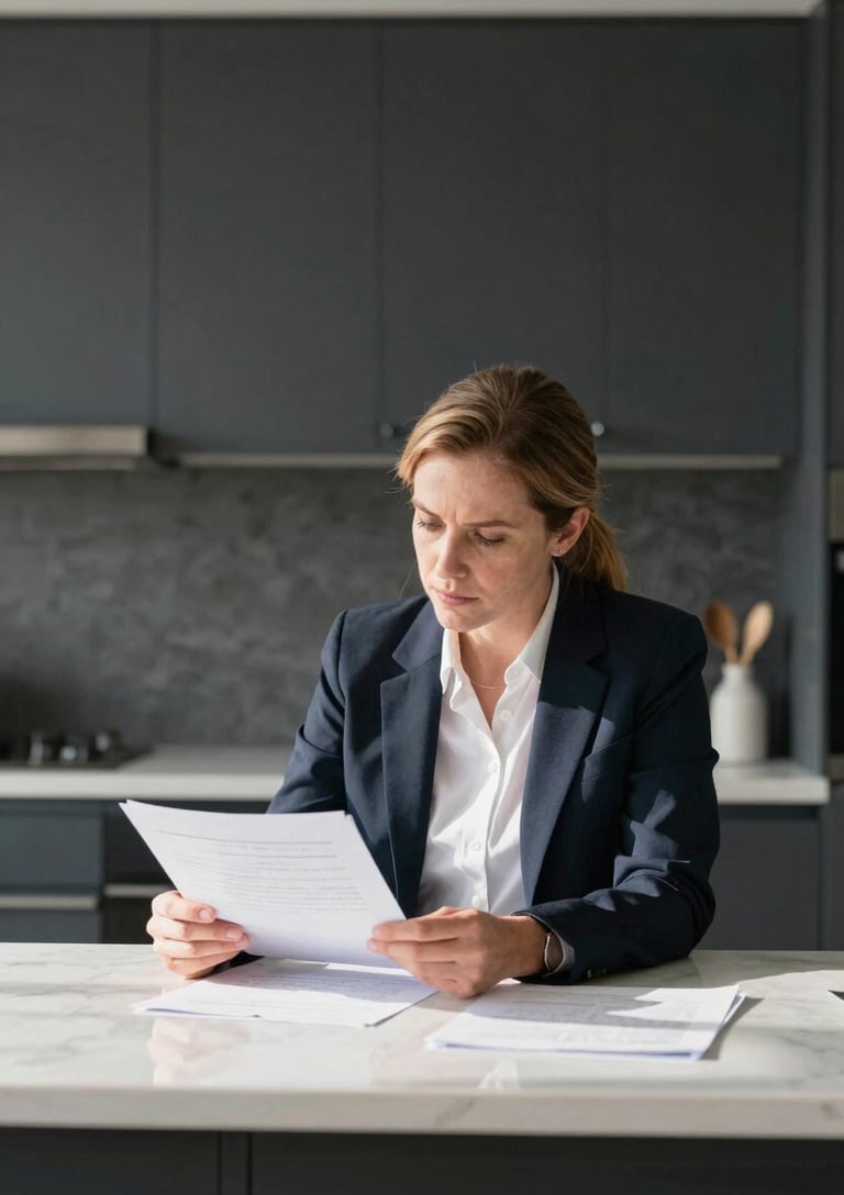 Professional insurance advocate reviewing documents with a homeowner at a kitchen table, bright natural daylight, high-contrast, sharp focus, 35mm, subject off-center