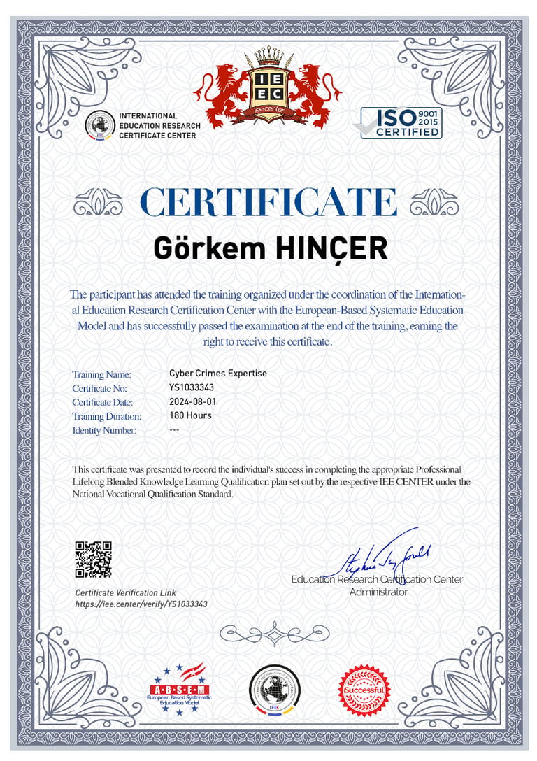 Official Cyber Crimes Expertise training certificate for Görkem Hinçer from the International Education Research
