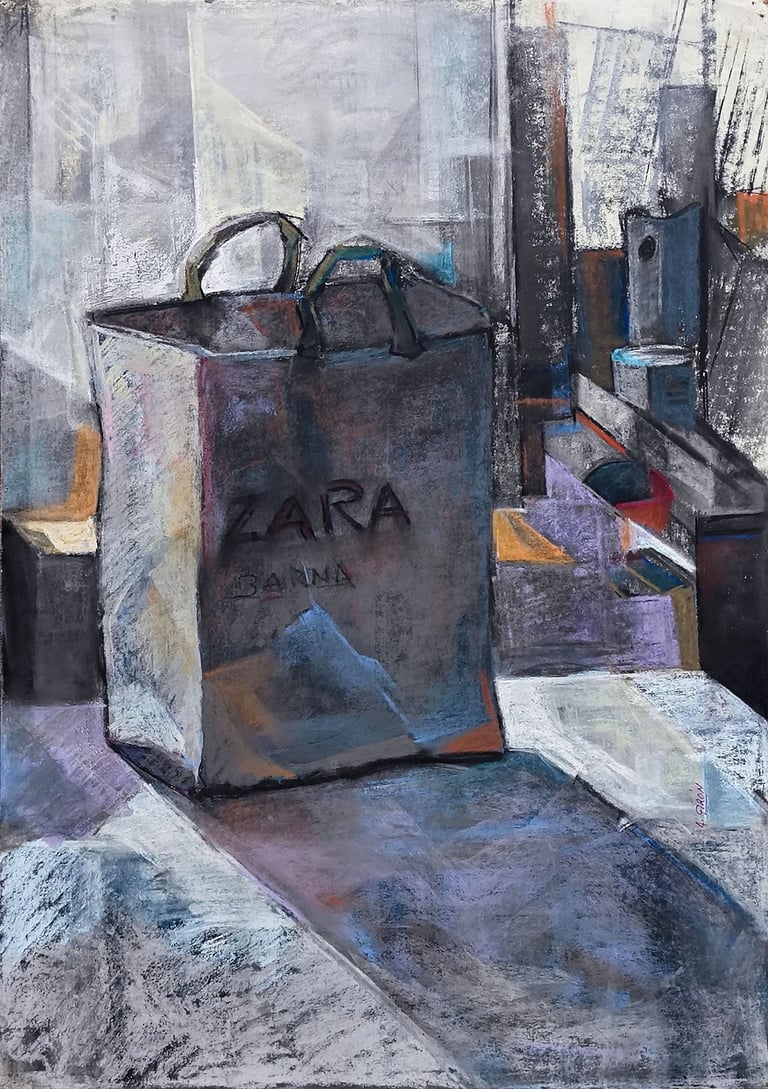 La bolsa de Zara, pastel del artista pintor Argi Girón. Bag Zara pastel still life artist painter