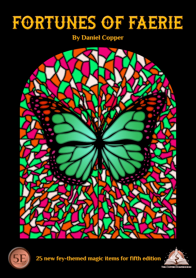The cover of Fortunes of Faerie, showing a stained glass effect with a butterfly.