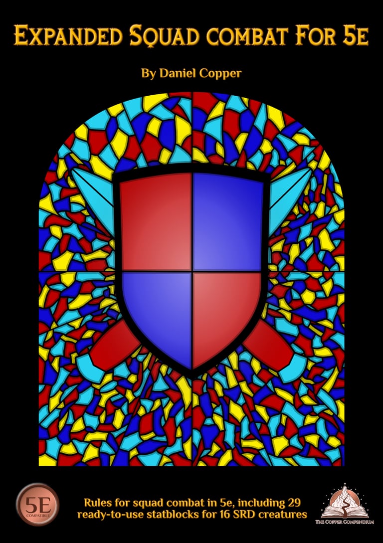 The cover of Expanded Squad Combat For 5e, showing a stained glass effect with a shield and crossed blades.