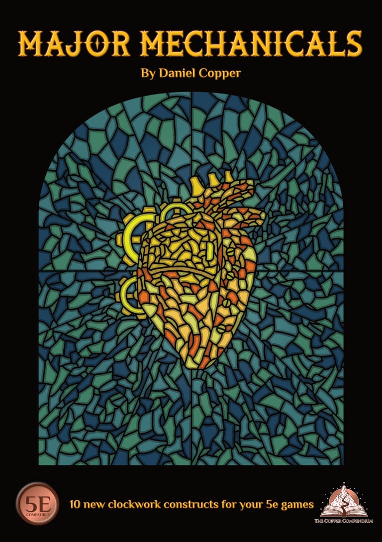 The cover of Major Mechanicals, showing a stained glass effect with a mechanical heart.