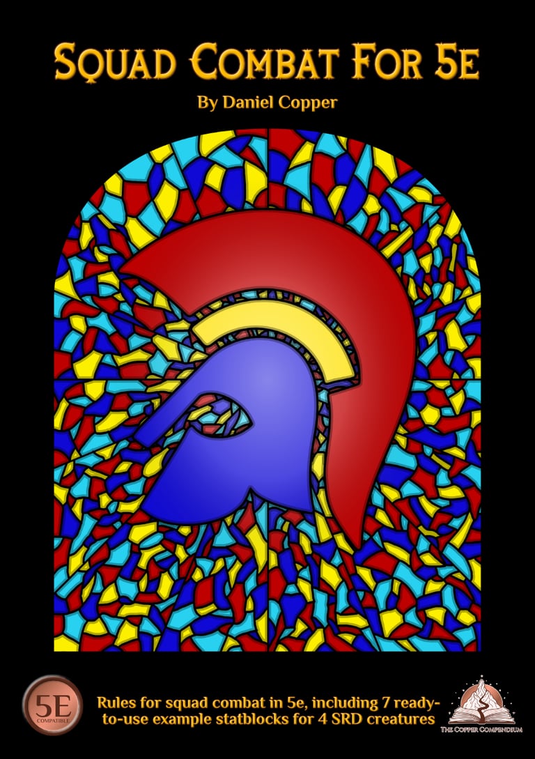 The cover of Squad Combat For 5e, showing a stained glass effect with a spartan helmet.