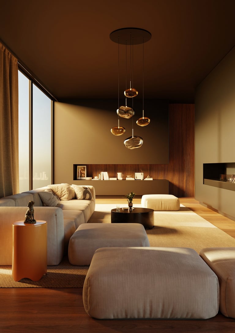 Rendu 3D photoréaliste d’un salon contemporain au coucher du soleil, avec canapés beiges, suspension design en verre soufflé,