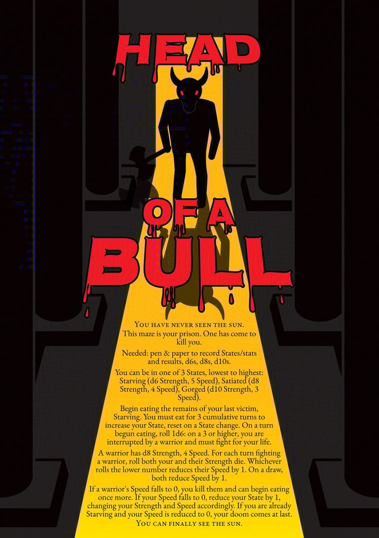 The cover of Head of a Bull. A minotaur stands, silhouetted by a yellow doorway, with pillars on each side.