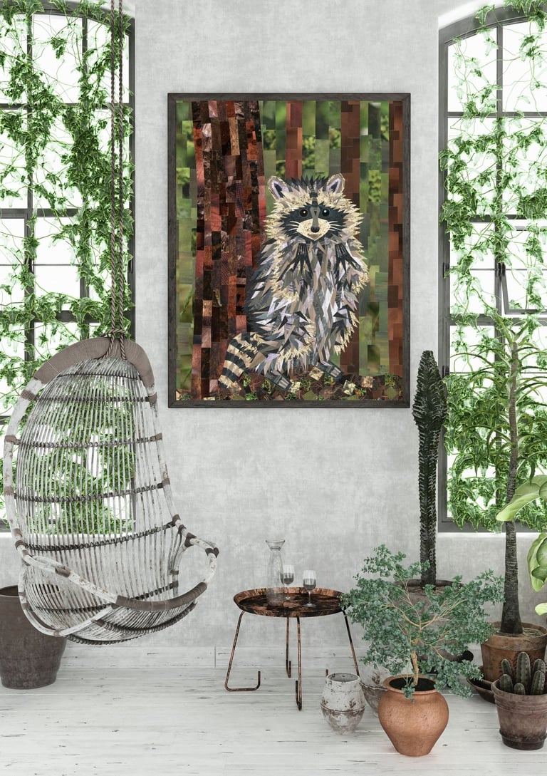 Modern living room featuring a mosaic raccoon art piece, hanging egg chair, and lush indoor plants.