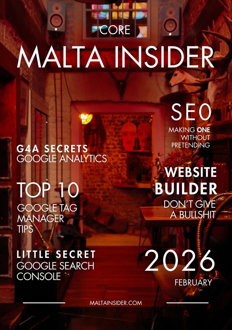 Malta Insider 2026 digital magazine cover featuring SEO, website builder, and Google Analytics tips.