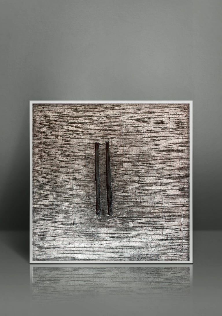 Minimalist square wall art with textured silver horizontal lines and two vertical black rods.