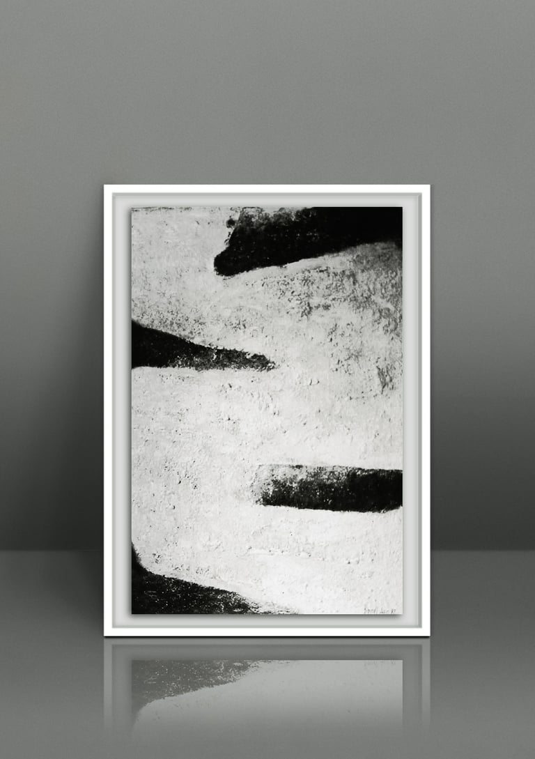 Framed minimalist black and white abstract wall art painting with textured brushstrokes for home decor.