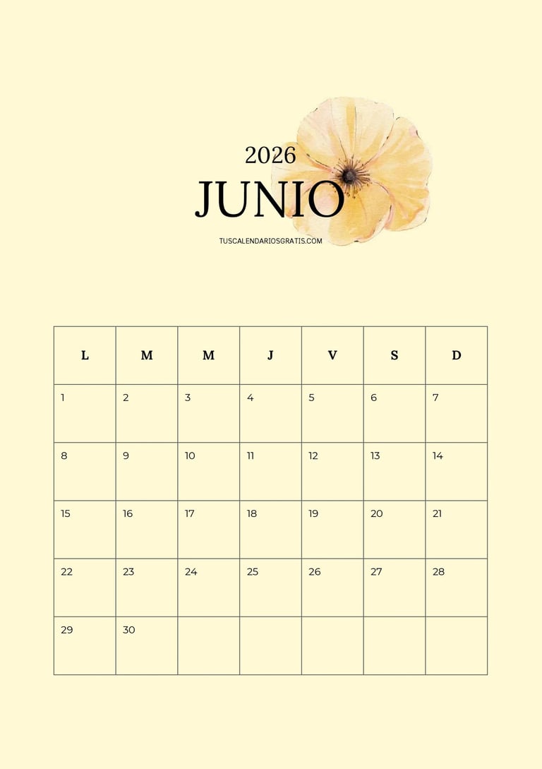 calendario junio 2026 floral amarillo para imprimir gratis diseño elegante organización planificació
