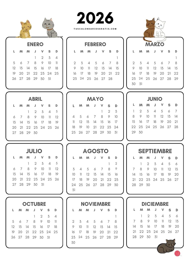 Calendario 2026 de gatitos para imprimir gratis en PDF diseño adorable tamaño A4