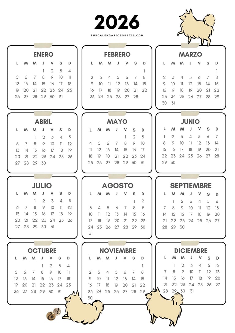 Calendario 2026 de perritos bonito y adorable en PDF para imprimir gratis en tamaño A4