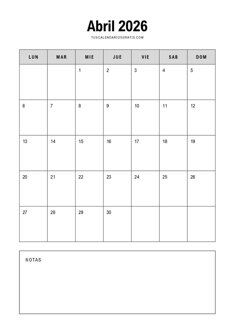 calendario abril 2026 minimalista para imprimir con espacio para notas