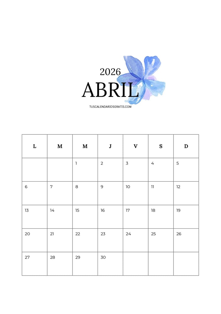 Calendario abril 2026 vertical minimalista con fondo blanco y flor acuarela azul elegante para impri