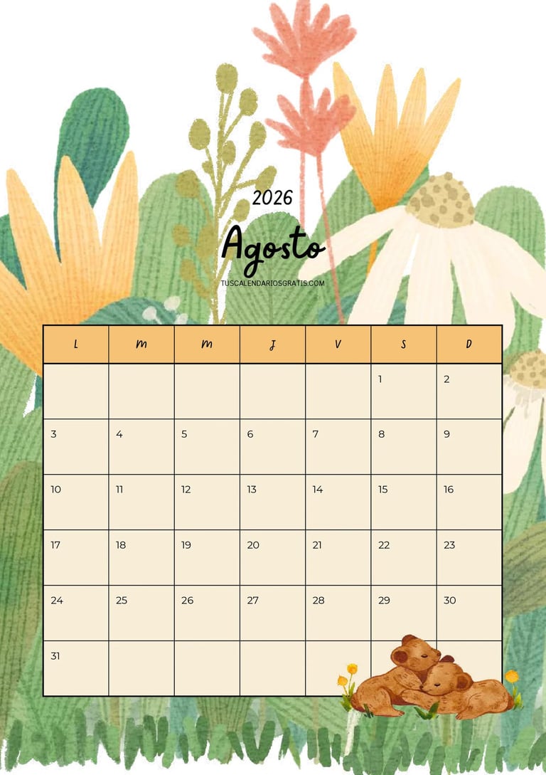 Calendario agosto 2026 floral estilo pradera para imprimir gratis con diseño de flores silvestres id