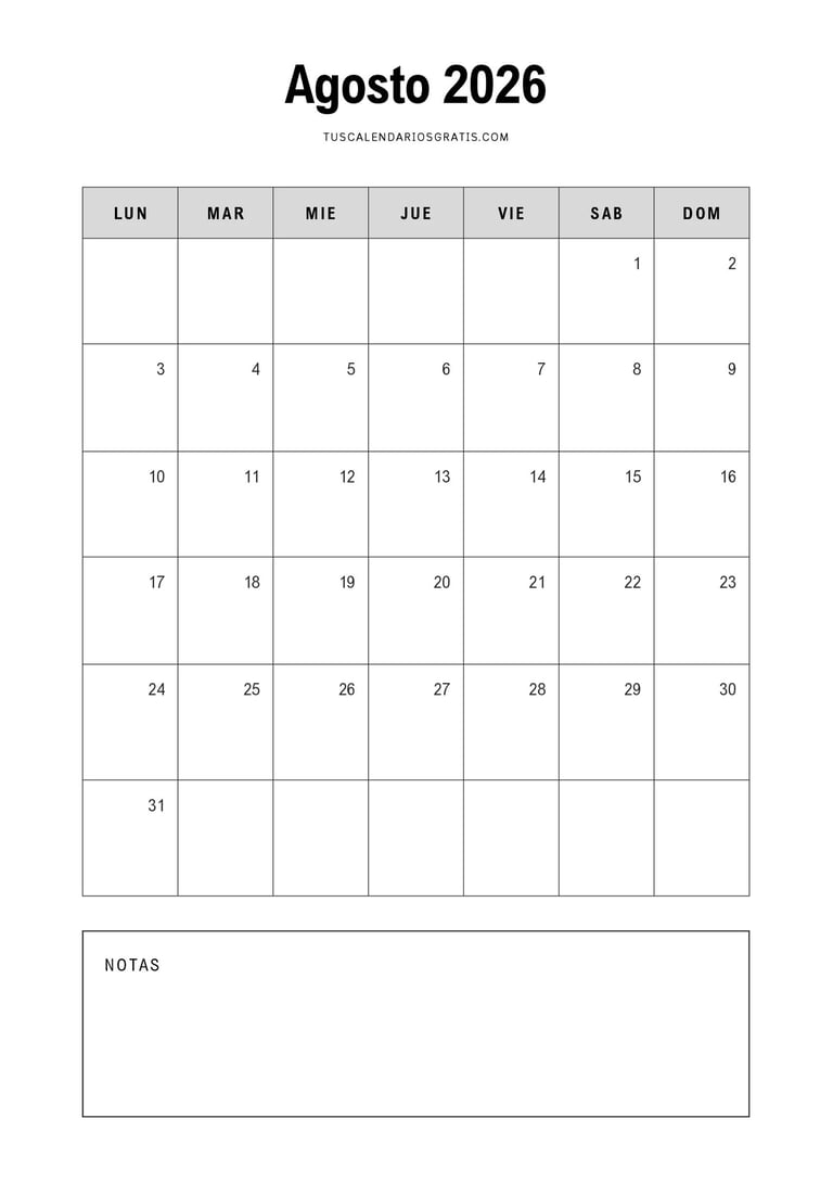 Calendario agosto 2026 minimalista para imprimir gratis con espacio para notas