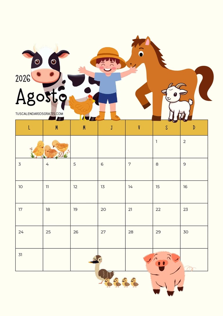 Calendario agosto 2026 para niños con animales de la granja para imprimir gratis y fomentar organiza