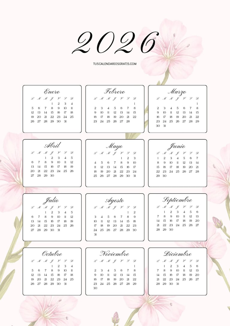 Calendario anual 2026 floral en formato A4 vertical para impresión almendro rosa