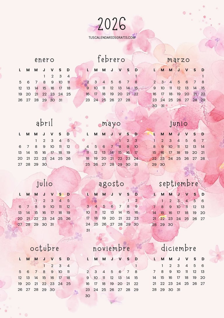 calendario anual 2026 explosión floral para imprimir gratis diseño colorido organización planificaci