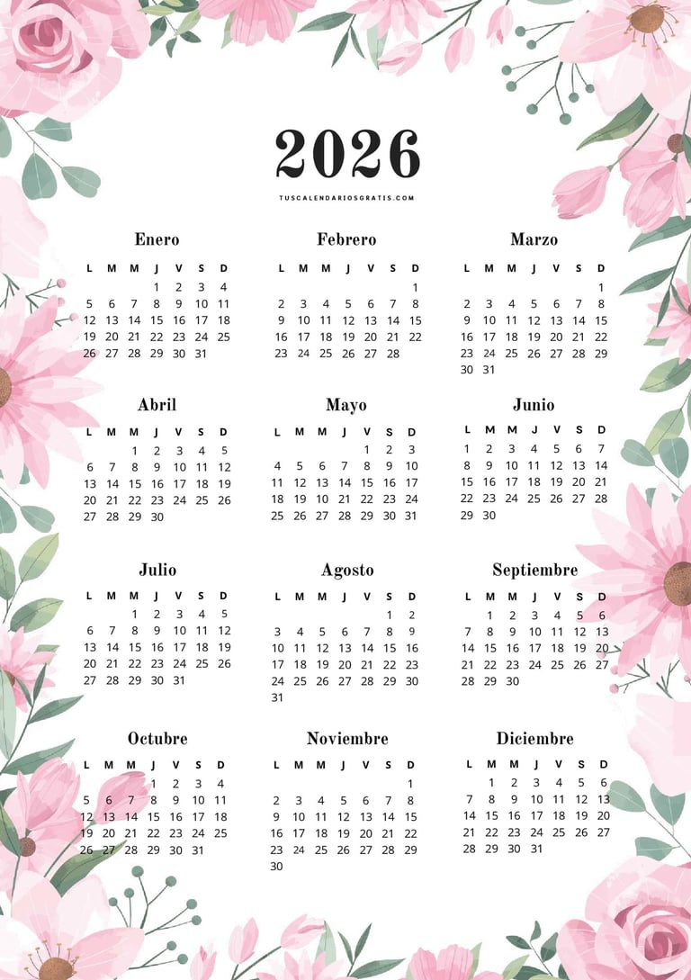 Calendario anual 2026 floral estilo primavera rosa en formato PDF imprimible gratis
