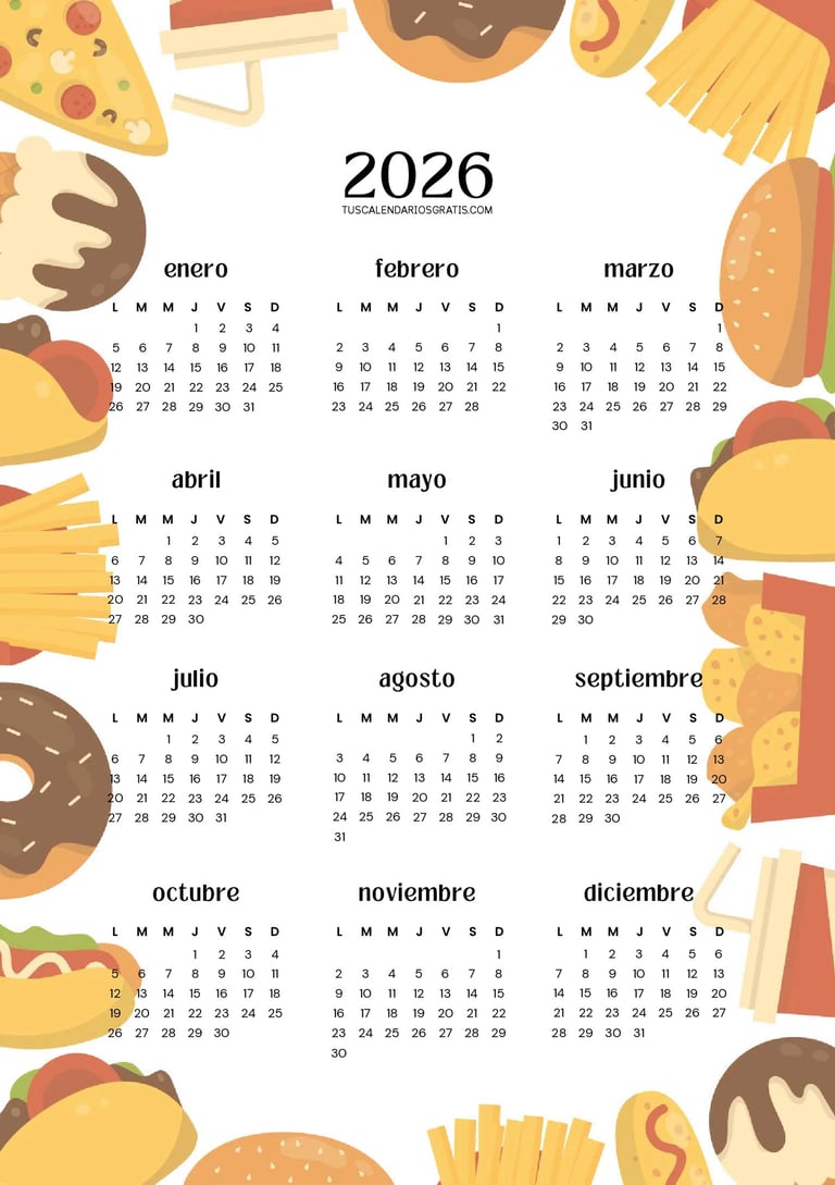Calendario anual 2026 kawaii burger imprimible diseño divertido estilo cute