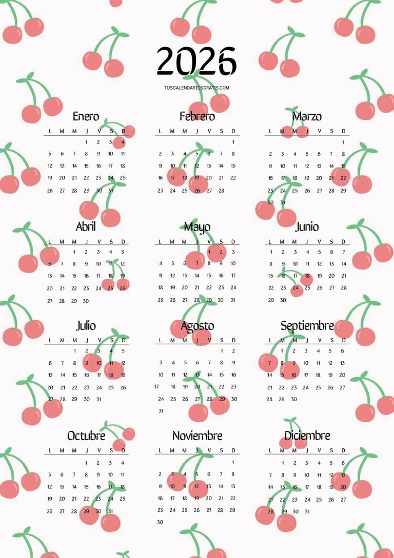 Calendario anual 2026 kawaii con diseño de cerezas rojas estilo cute en formato imprimible