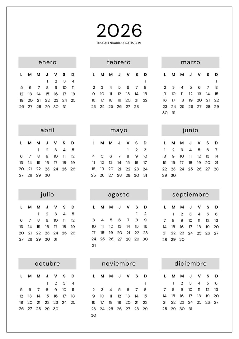 Calendario anual 2026 minimalista en color gris formato A4 imprimible