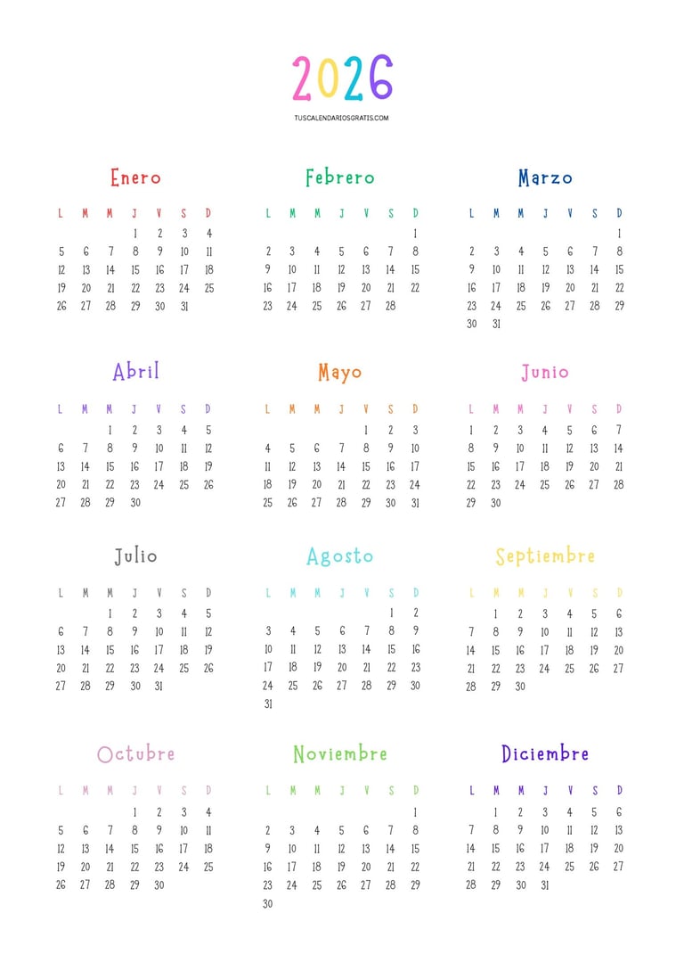 Calendario anual 2026 minimalista en color para imprimir gratis con diseño limpio y elegante para or