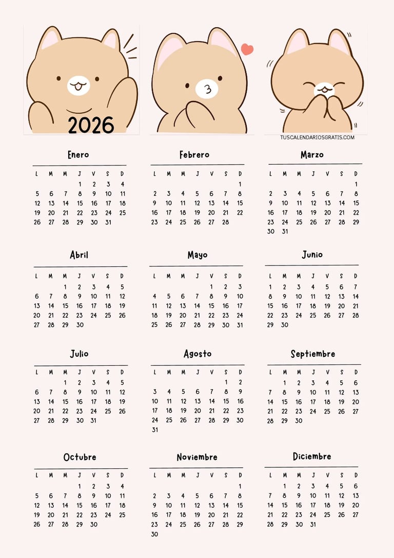 calendario anual 2026 ositos kawaii para imprimir gratis diseño adorable organización planificación
