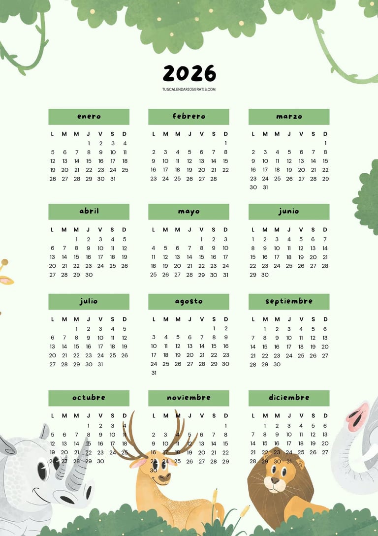 Calendario anual 2026 para niños con animales salvajes colorido imprimible