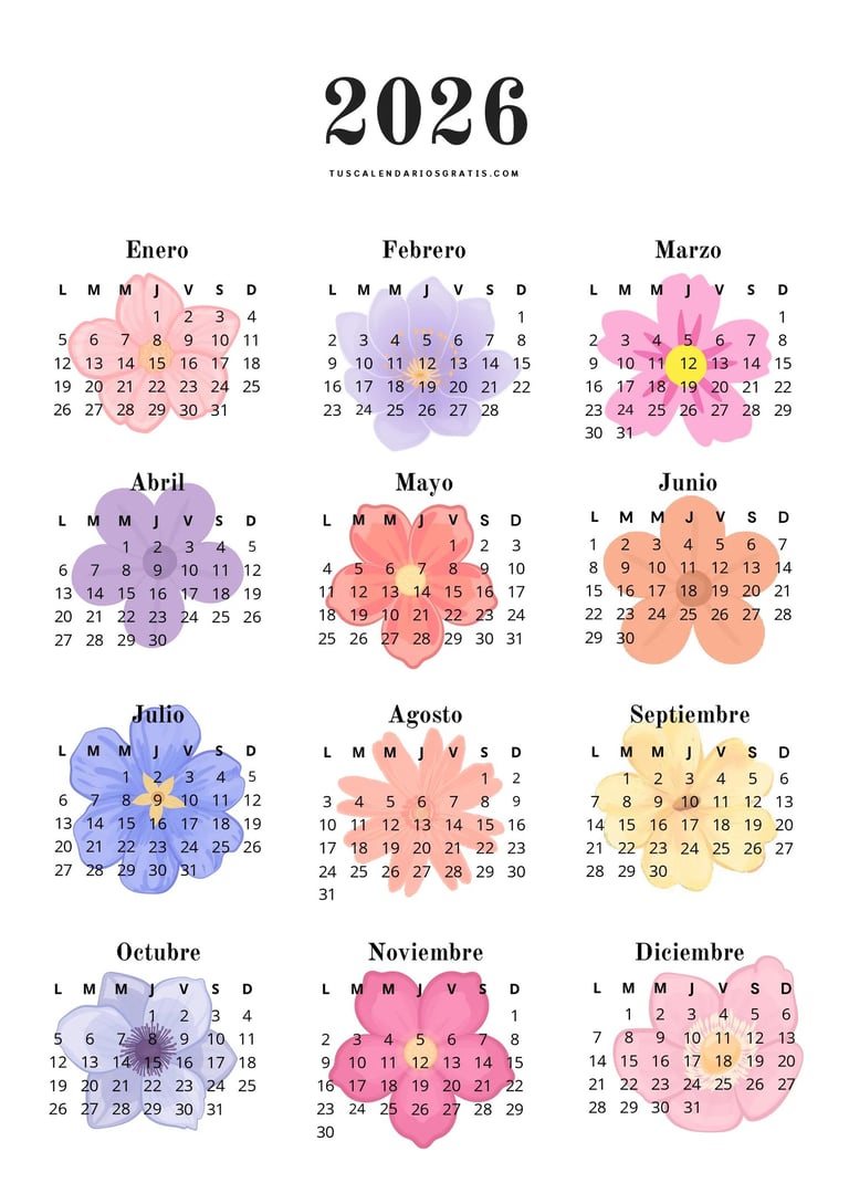 Calendario anual floral 2026 diseño bouquet con flores coloridas en PDF imprimible gratis