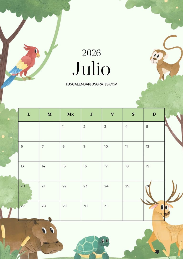 calendario julio 2026 animales selva imprimir gratis organización planificación mensual divertida