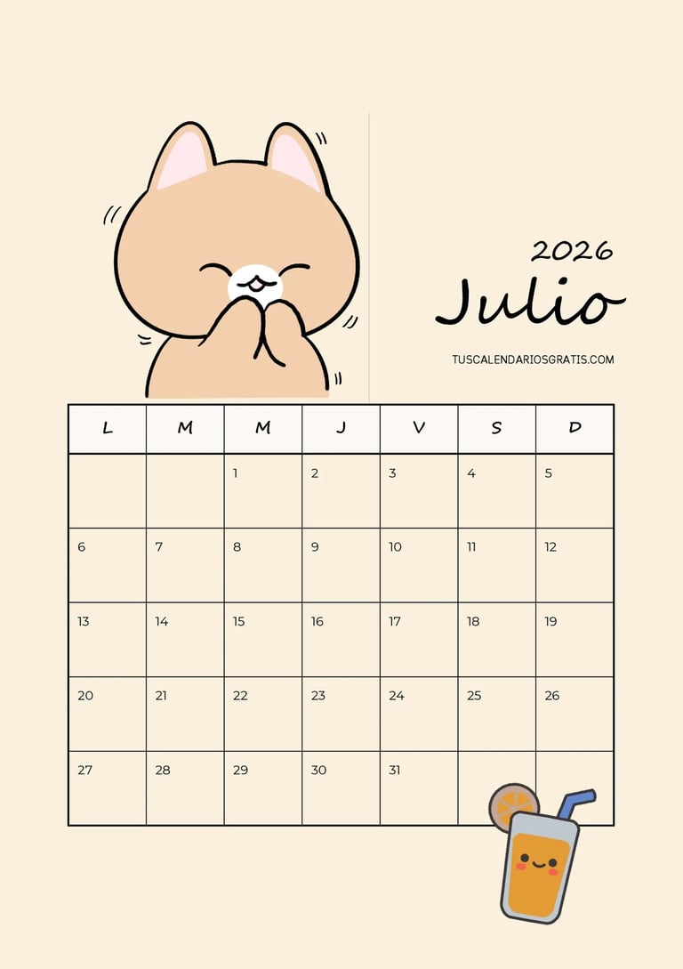 calendario julio 2026 kawaii osito veraniego para imprimir organización planificación mensual