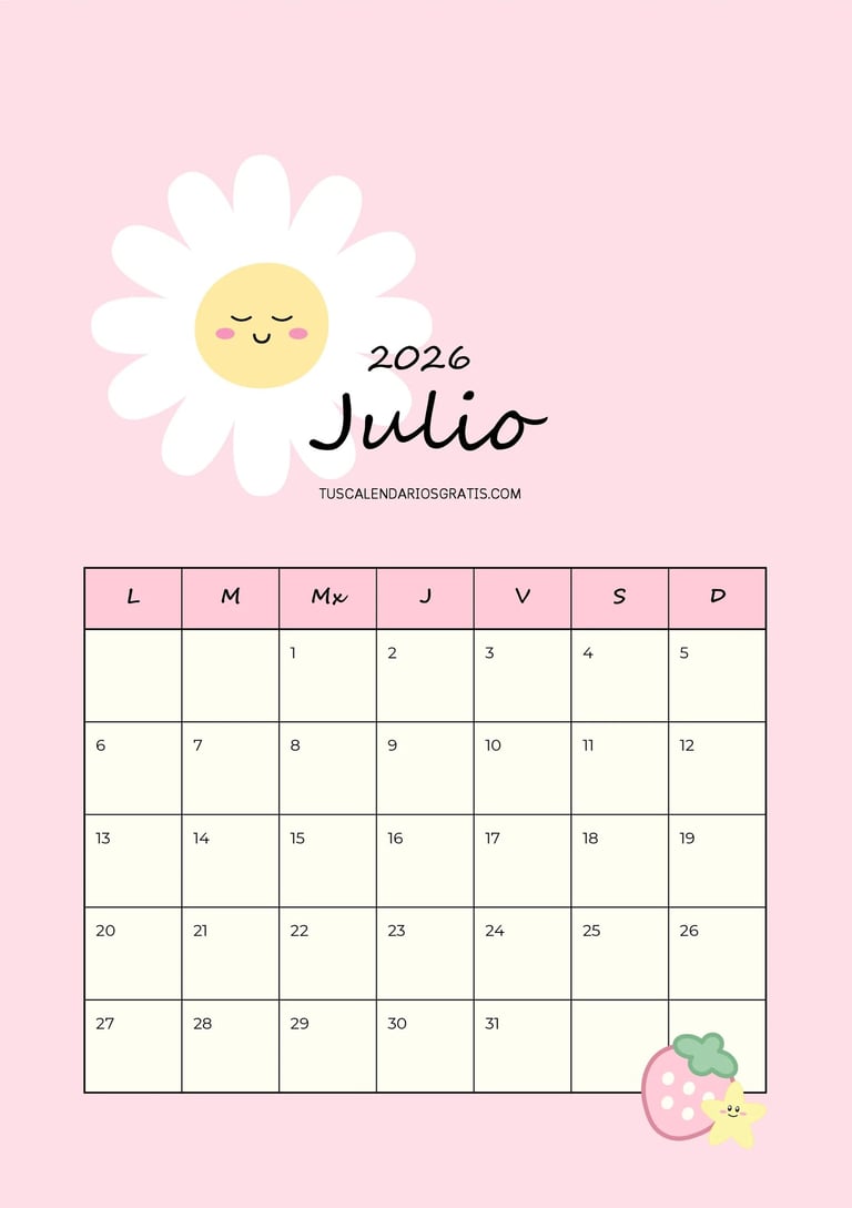 calendario julio 2026 kawaii sweet summer para imprimir gratis organización planificación mensual