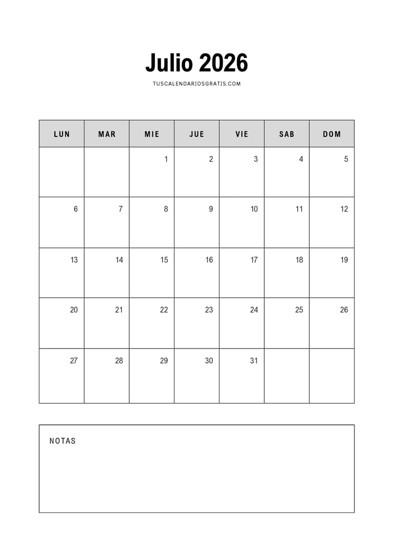 calendario julio 2026 minimalista para imprimir organización planificación mensual pdf gratis