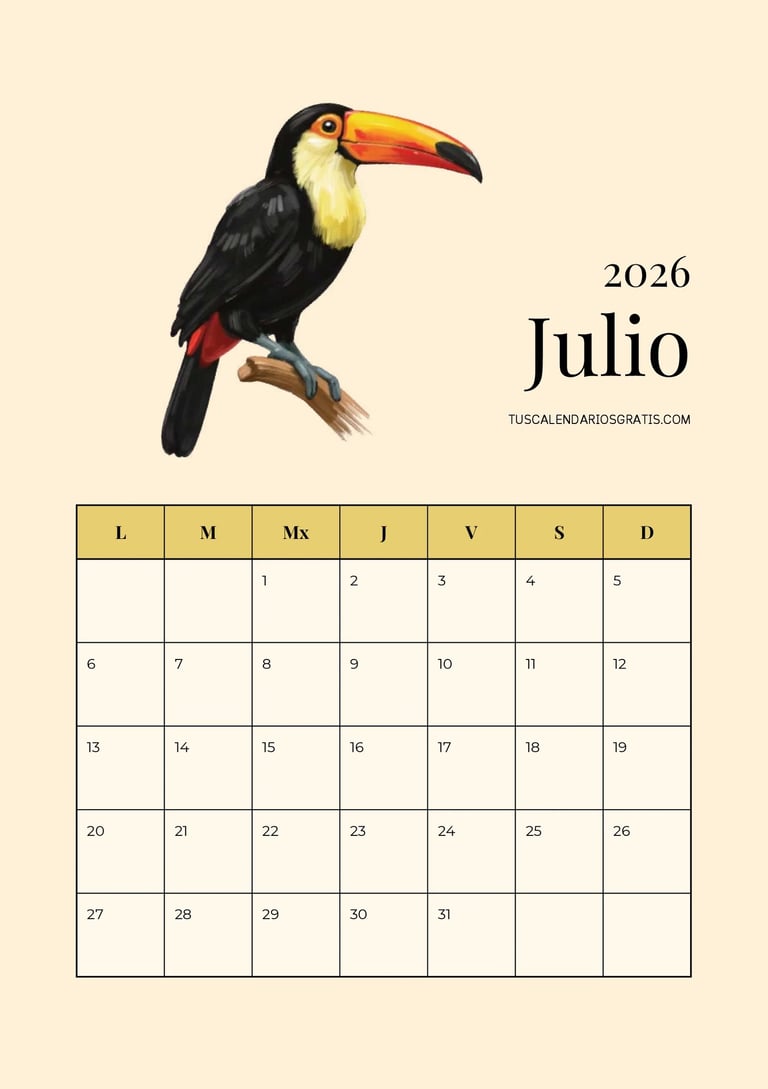 calendario julio 2026 para imprimir con tucán diseño animales organización planificación mensual gra
