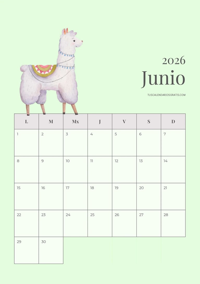 calendario junio 2026 con llama para imprimir diseño bonito organización planificación mensual grati